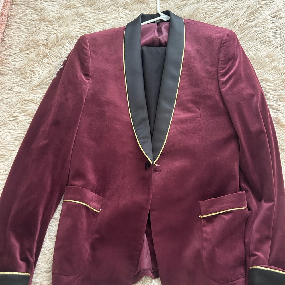 Men's Burgundy Velvet Blazer with Black Satin Shawl Collar